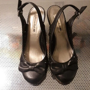 American Eagle By Payless Black Faux Leather Wedges with Bow in Size 7 W